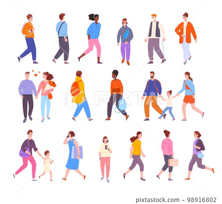 Crowd people outdoor walking. Walks adult or young persons in city, stylish guys girls family active child student walk to university, couple woman man splendid vector illustration Crowd people outdoor walking. Walks adult or young persons in city, stylish guys girls family active child student walk to university, couple woman man splendid vector illustration 98916802