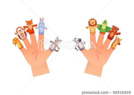 Finger puppets. Cartoon animal puppet on kid puppeteer hands, really hand animals toy for child tale theatre stage, play game zoo dolls fun bird bear fox lion vector illustration Finger puppets. Cartoon animal puppet on kid puppeteer hands, really hand animals toy for child tale theatre stage, play game zoo dolls fun bird bear fox lion vector illustration 98916809
