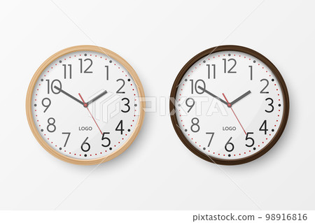 Vector 3d Realistic Simple Round Brown Wooden Wall Office Clock with White Dial Icon Set Closeup Isolated on White Background. Design Template, Mock-up for Branding, Advertise. Front or Top View 98916816