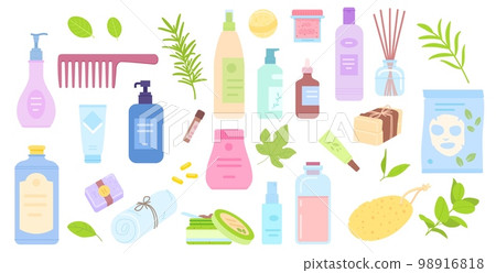 Bodycare cosmetics. Skincare spa body hair care product, natural organic antiage beauty cosmetic antioxidant shampoo vegan eco herb scrub cream oil jars, swanky vector illustration 98916818
