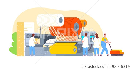 Workers textile manufacturing. Industrial fabrics manufacturer, big factory machine fabric production industry garment fabrication weave cotton thread, splendid vector illustration 98916819