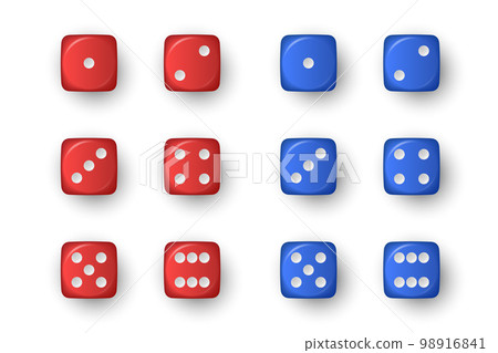 Vector 3d Realistic Red and Blue Game Dice Icon Set Closeup Isolated on White Background. Game Cubes for Gambling, Casino Dices From One to Six Dots, Round Edges Vector 3d Realistic Red and Blue Game Dice Icon Set Closeup Isolated on White Background. Game Cubes for Gambling, Casino Dices From One to Six Dots, Round Edges 98916841