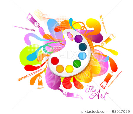 Artist's palette with paints of different colors and brushes or paintbrushes. Top view of painter's tools isolated on white background. Vector illustration Artist's palette with paints of different colors and brushes or paintbrushes. Top view of painter's tools isolated on white background. Vector illustration 98917039