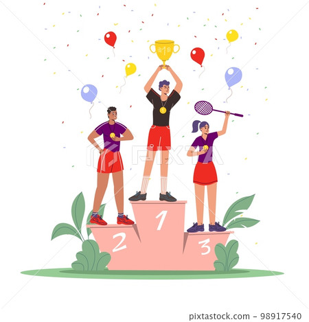 Winner ranking. People on podium with medals and gold cup. Award ceremony. Sporting achievements. Successful athlete characters. Sport competition. Champions pedestal. Vector concept Winner ranking. People on podium with medals and gold cup. Award ceremony. Sporting achievements. Successful athlete characters. Sport competition. Champions pedestal. Vector concept 98917540
