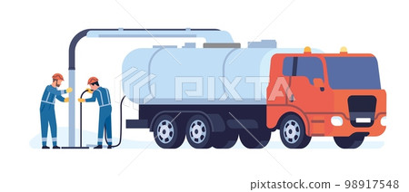 Sewer cleaning service. Workers clean sewerage line. Truck with cistern and pump hose. Liquid drain machine. Industrial vehicle. Pipeline repair workman. Plumbers work. Vector concept Sewer cleaning service. Workers clean sewerage line. Truck with cistern and pump hose. Liquid drain machine. Industrial vehicle. Pipeline repair workman. Plumbers work. Vector concept 98917548