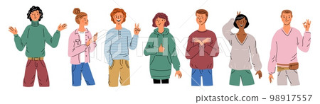 People with gestures. Guys and girls speak with arm signs. Emotional students gesticulating. Greeting symbols. Approval or rejection. Standing persons showing hands. Garish vector set People with gestures. Guys and girls speak with arm signs. Emotional students gesticulating. Greeting symbols. Approval or rejection. Standing persons showing hands. Garish vector set 98917557