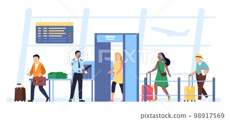 Passengers and tourists pass through gates with detectors at airport. Security guard scanning baggage. Men and women waiting in queue. Airline transportation safety. Vector concept 98917569