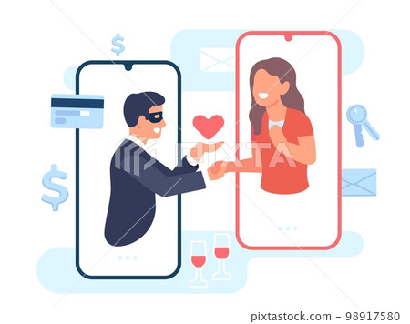 Man communicates with woman on dating site in order to deceive her and take advantage of trust. Romantic smartphone app. Cyber scam. Lovers mobile chat. Fake romance. Vector concept 98917580