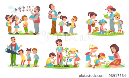 Kids learn nature. Young naturalists discover world with teachers. Practical outdoor activities. Mentors and students. People planting trees and studying animals. Splendid vector set Kids learn nature. Young naturalists discover world with teachers. Practical outdoor activities. Mentors and students. People planting trees and studying animals. Splendid vector set 98917584