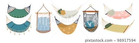 Hammocks types. Cartoon cute hanging beds. Summer rest. Comfort devices for sleeping and relaxing outdoor. Picnic and camping. Travel accessories. Rope swing armchair. Garish vector set 98917594