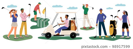 Golf players. People play with golfing club and ball. Cartoon golfers characters. Different game accessories. Sticks bag and car. Sport competition. Athletic poses. Garish vector set 98917599
