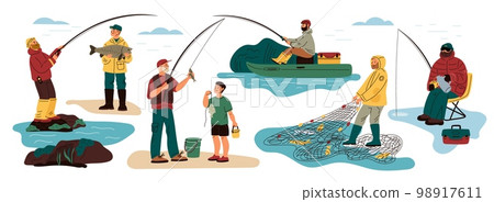 Funny fisherman characters. Men on winter and summer fishing. Angling with rods and net. Male catching fish on inflatable boat or from shore. Father and son leisure. Garish vector set 98917611