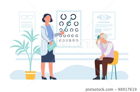 Female ophthalmologist checks old patient eyesight with chart. Vision correction. Retired man eye diagnostic. Senior male health examination. Appointment with doctor. Vector concept Female ophthalmologist checks old patient eyesight with chart. Vision correction. Retired man eye diagnostic. Senior male health examination. Appointment with doctor. Vector concept 98917619