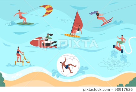Different sea sports. People relaxing on beach. Summertime active leisure. Summer water or underwater entertainment. Seashore holiday. Extreme windsurfing or flyboarding. Vector concept 98917626
