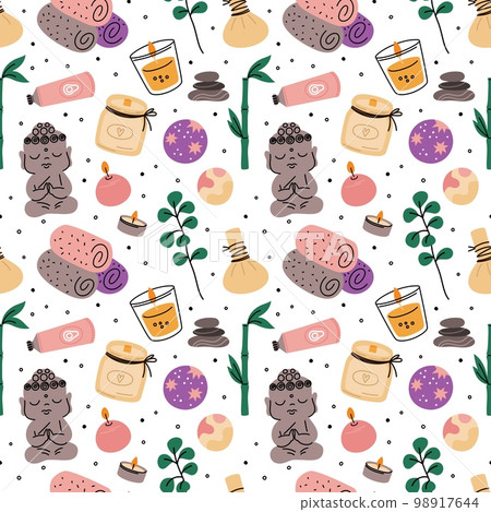 Aroma candles and spa elements seamless pattern. Relaxing and massage items. Decorative beautiful wax objects. Towels and massage stones. Buddha statue. Bath bombs. Garish vector background Aroma candles and spa elements seamless pattern. Relaxing and massage items. Decorative beautiful wax objects. Towels and massage stones. Buddha statue. Bath bombs. Garish vector background 98917644