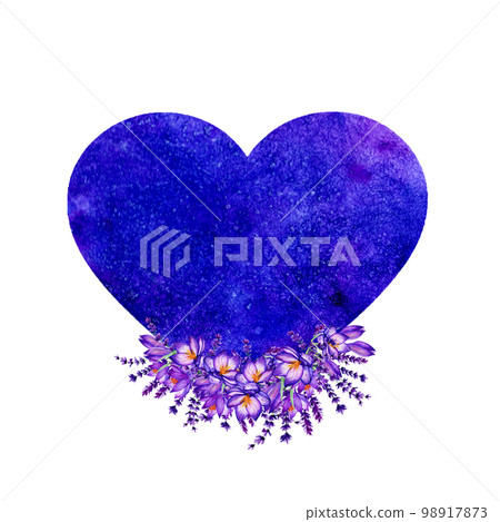 Blue Heart With Crocuses Flowers Hand Drawn Illustration. Wedding Concept Blue Heart With Crocuses Flowers Hand Drawn Illustration. Wedding Concept 98917873