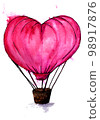 Pink Splash Heart Hot Air Balloon. Hand Drawn Illustration. Wedding Concept. 98917876