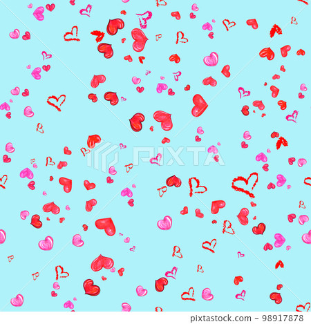 Hearts Pattern On Light Blue Background. Hand Drawn Seamless Illustration. Hearts Pattern On Light Blue Background. Hand Drawn Seamless Illustration. 98917878