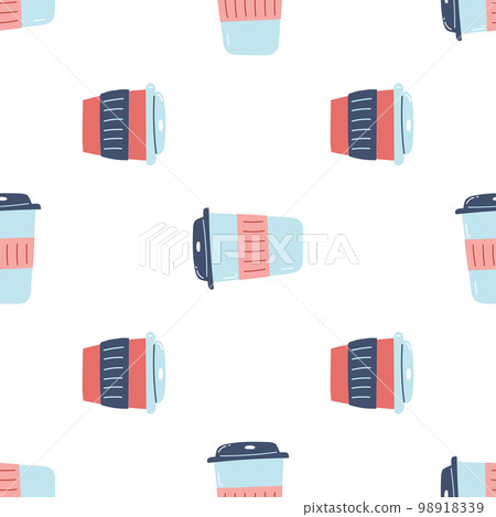 Seamless pattern with coffee paper cup. Flat vector background with reusable cup for hot and cold drinks Seamless pattern with coffee paper cup. Flat vector background with reusable cup for hot and cold drinks 98918339