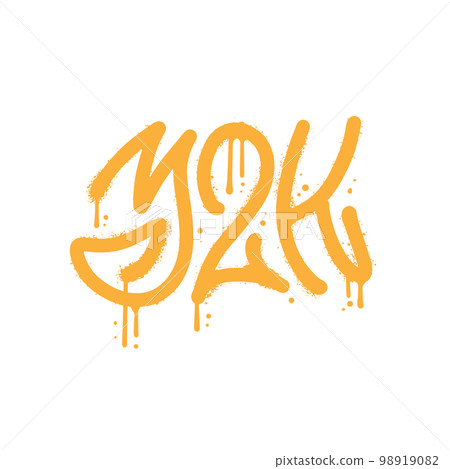 Sign of Y2K - lettering in Urban street grafitti style. Yellow letters is on white background. Splash effect and drops. Print for graphic tee, sweatshirt. Vector textured illustration. 98919082