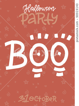 Funny Handwritten Halloween vertical poster template. Orange and White Irregular Shape Brush Letters on red Background. Halloween lettering Party banner. Cool Infantile Style Drawing for Card 98919140