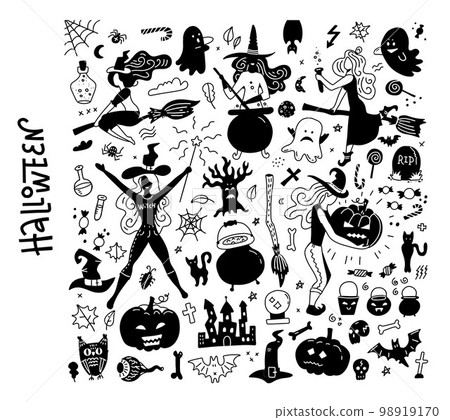Halloween black silhouettes BIG set. Happy halloween vector night icons, bat and skeleton, owl and ghost, witces and pumpkins. Flat hand drawn illustrations 98919170