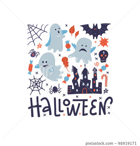 Happy Halloween square pattern greeting card with ghosts, black spider, scary castle and spider web. Flat vector illustration with lettering. Happy Halloween square pattern greeting card with ghosts, black spider, scary castle and spider web. Flat vector illustration with lettering. 98919171