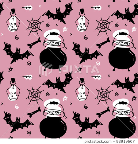 Halloween seamless pattern for girls. Endless pattern for background, scrapbook, wrapping paper, wallpapers. Black and pink- cauldron , spider web , glass flask, bat and witch attributes. 98919607