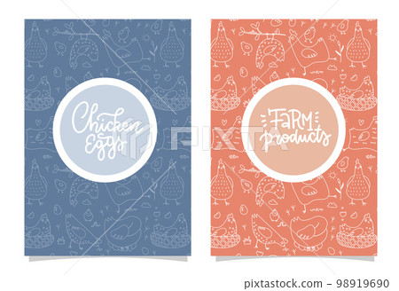 Set of agricultural brochure Covers . Linear Images of cocks, hens and chickens. Outline A4 composition. Background for, flyers, banners with lettering texts. Vector cute illustration 98919690