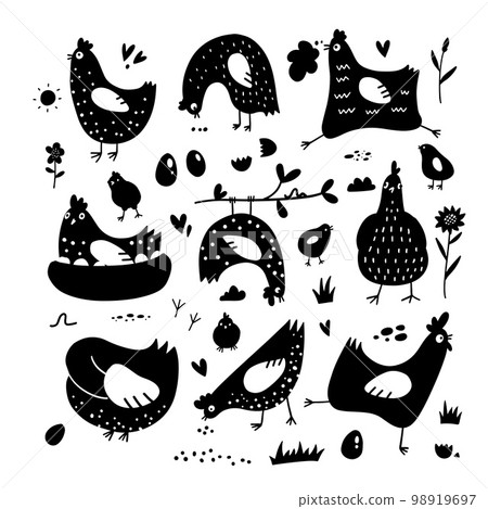 Clipart of chickens, hens, cocks, eggs in scandinavain simple style, black silhouette art. Elements for design cover food package, advertising banner, card. 98919697