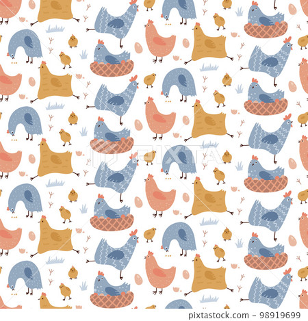 Seamless pattern with cute hens. Color creative baby texture with chickens and eggs. Vector illustration in flat childish style, 98919699
