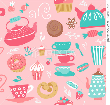 Seamless pattern with tea kettles. Cups, sweets, candies. Food and drinks. Hand drawn vector background made in cartoon flat style. 98919745