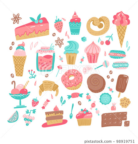 Set of various color doodles hand drawn rough simple sweets and candies illustration. Vector illustration isolated on white background 98919751