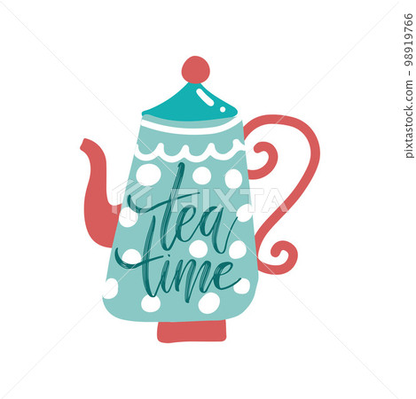 Tea pot silhouette with quote - Tea Time. Vector illustration. Typography poster design with unique lettering. Elements for banner, flyer, postcard design for tea party, home decor, invitation. 98919766