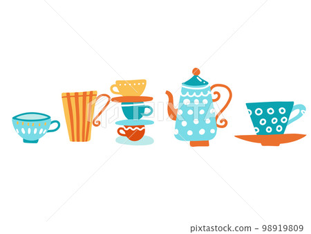 Ceramic teapot and many mugs and cups with a hot drink on white backgrounds. Flat cartoon colorful vector illustration in hygge style. Ceramic teapot and many mugs and cups with a hot drink on white backgrounds. Flat cartoon colorful vector illustration in hygge style. 98919809