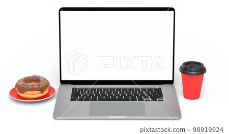 Paper coffee cup with donut and laptop on white, work place for freelance 98919924