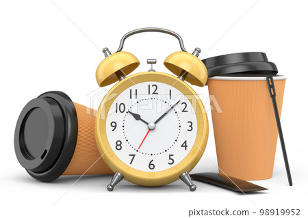 Vintage alarm clock with paper coffee cup on white background. Vintage alarm clock with paper coffee cup on white background. 98919952