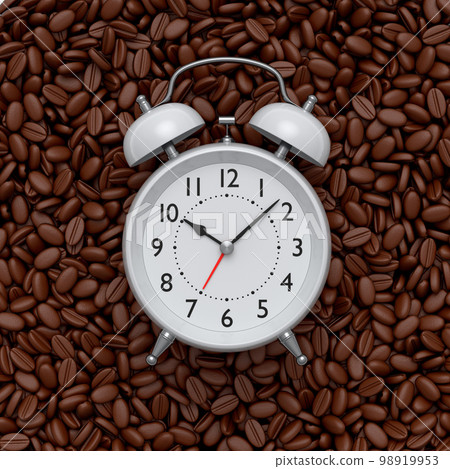 Vintage alarm clock with roasted coffee beans spread out as background. 98919953