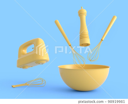 Metal bowl with electric mixer and cookie cutters on monochrome background 98919981