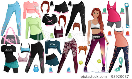 Fitness Paper Doll with Beautiful Woman, Outfits, Hairstyles and Accessories. Vector Illustration 98920087