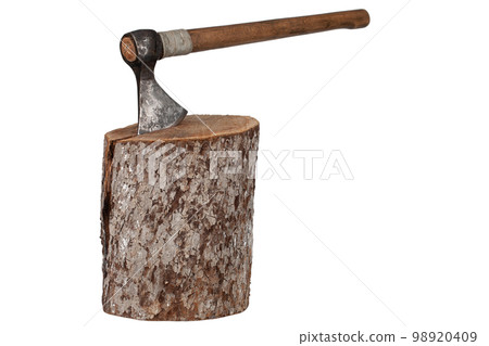 antique axe with wooden handle in wood log on white background 98920409