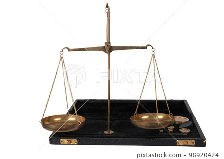 Bronze traditional balance scale set with weights in box. Bronze traditional balance scale set with weights in box. 98920424