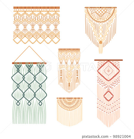 Set Of Macrame Decorative Knotting Technique, Intricate Textured Patterns In Rope Or Twine Made Of Natural Fibers 98921004