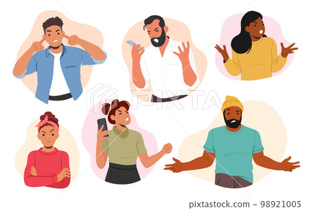 Set Of Angry Male And Female Characters, Adult Persons With Scowling Face, Furrowed Brows, Clenched Jaw 98921005