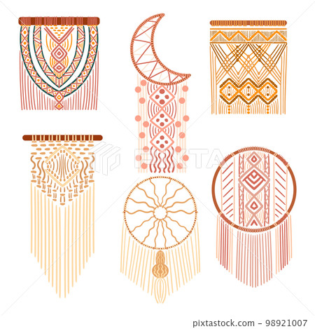 Set Macrame Decorative Items of Rope Or Twine. Knotting Cords In Specific Pattern and Cohesive Design, Bohemian 98921007