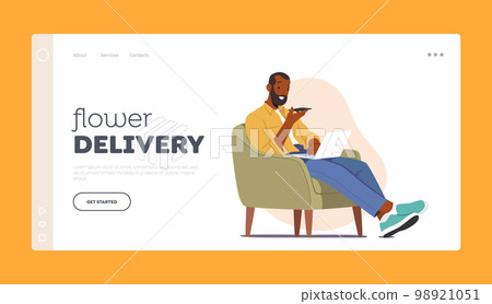 Flowers Delivery Landing Page Template. Male Character Sitting on Armchair with Smartphone and Laptop 98921051