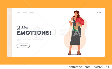 Flowers Delivery Service Landing Page Template. Surprised Girl Get Bouquet with Card from Courier for Valentine Day Flowers Delivery Service Landing Page Template. Surprised Girl Get Bouquet with Card from Courier for Valentine Day 98921061