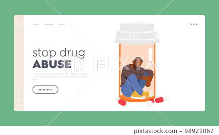 Stop Drug Abuse Landing Page Template. Depressed Man Sitting inside of Bottle with Medical Tablets Stop Drug Abuse Landing Page Template. Depressed Man Sitting inside of Bottle with Medical Tablets 98921062