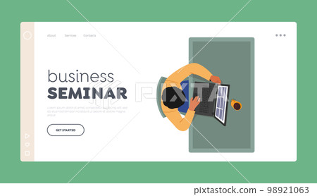 Business Seminar Landing Page Template. Male Character Sit at Office Desk with Tablet and Coffee Cup Top View Business Seminar Landing Page Template. Male Character Sit at Office Desk with Tablet and Coffee Cup Top View 98921063