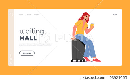 Waiting Hall Landing Page Template. Woman with Baggage Wait Registration. Female Tourist Character with Luggage Waiting Hall Landing Page Template. Woman with Baggage Wait Registration. Female Tourist Character with Luggage 98921065